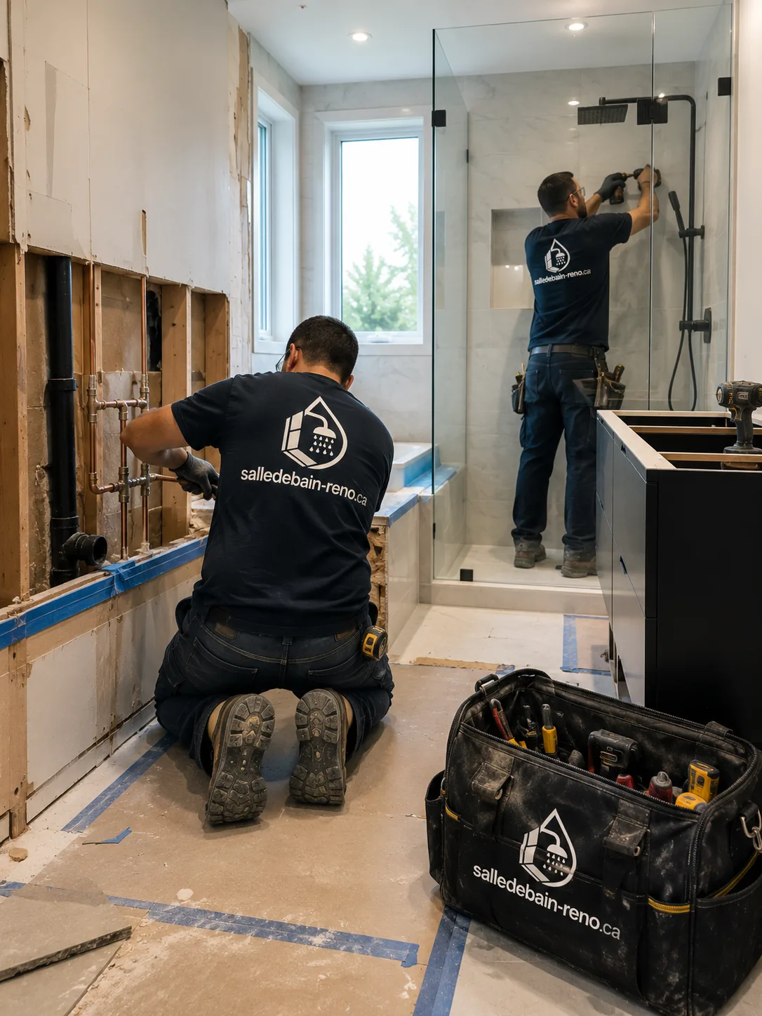 Rénovation d'une salle de bain en cours, installation d'une douche