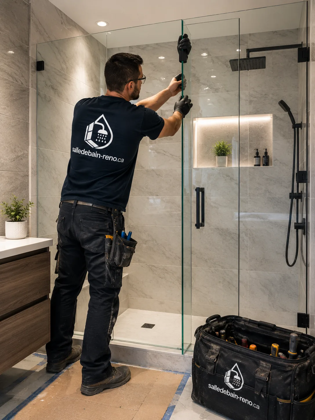 Installation d'une douche vitrée dans une salle de bain rénovée