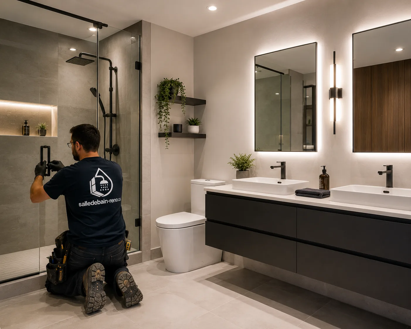 Salle de bain moderne rénovée avec double vanité